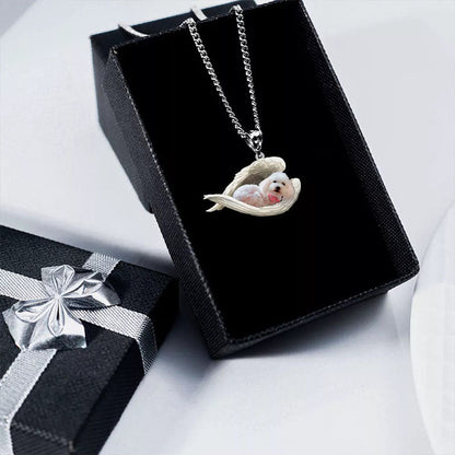 White Poodle Sleeping Angel Stainless Steel Necklace SN040